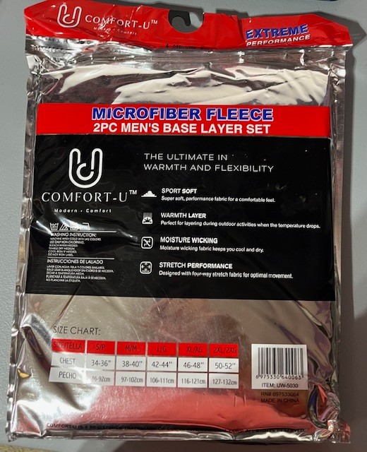 Men's Microfiber Fleece Base Layer Set 2pc Comfort-U Black Size L