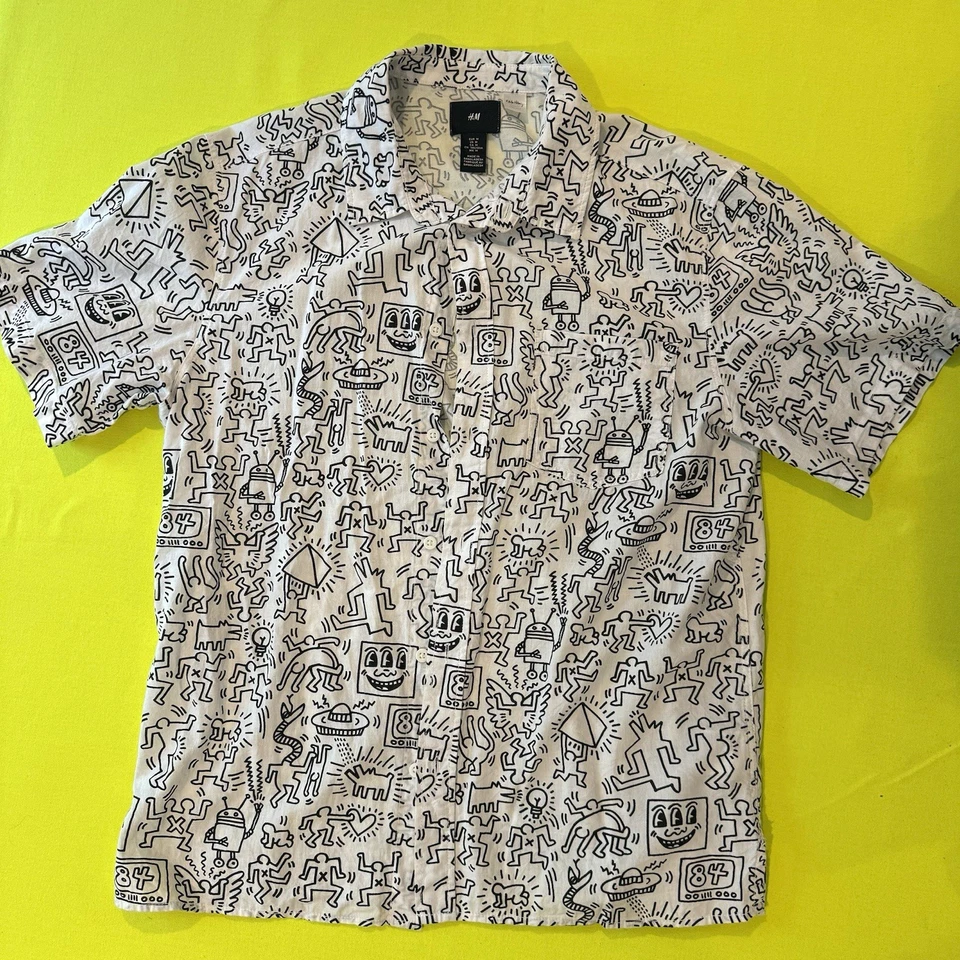 H&M x Keith Haring Men's M Shirt Black White Doodle Art Collar Button Up Rare - Image 3 of 4
