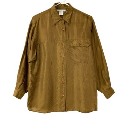 The Limited Women's Brown/Yellow Silk Long Sleeve Button Up Shirt Top XS