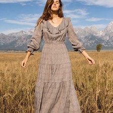 Christy Dawn The Alana Smoke Plaid Long Sleeve Maxi Dress Size Medium