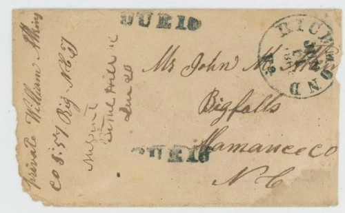 Mr Fancy Cancel CSA STAMPLESS COVER RICHMOND Va 1863 2x DUE 10 SOLDIER LETTER