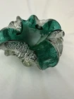 Murano Vintage Flower Bowl Retro Art Glass Ashtray Silver Fleck Green Dish Ruff