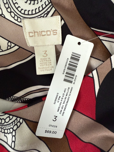 Cinturones de equitación Chico's Top manga 3/4 cuello barco rojo negro expresión ornamentada 3 XL - Imagen 7 de 8