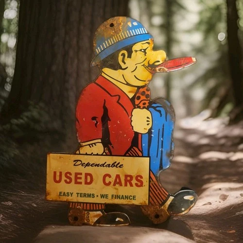 Vintage Used Cars Porcelain Sign Dealership Ford Chevrolet Dodge Toyota Gas Oil