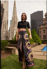 Cynthia Rowley Skirt Womens 8 Black Gold Floral Multi Silk Maxi