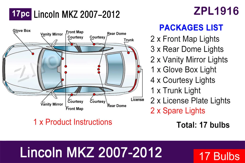 Kit de actualización de luz interior LED de 17 piezas para Lincoln MKZ 2007-2012 bombillas blancas Foto 2 de 4