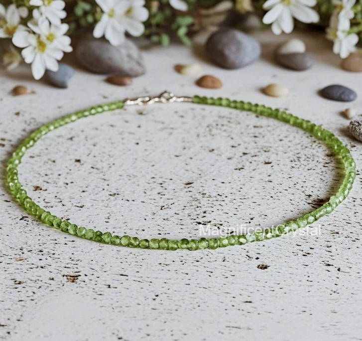 Pulsera tobillera delicada de peridoto natural de 2 mm con cuentas de cristal facetado verde regalo Foto 3 de 4