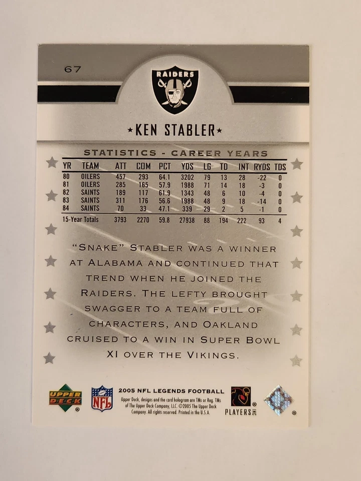 Ken Stabler 2005 Upper Deck  Autograph #67 - Image 2 of 2