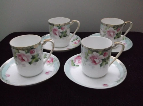 Vintage Set of 4 Hand Painted Nippon Demitasse Teacup and Saucer sets