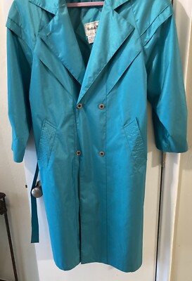 Vintage British Mist Trench Rain Coat Teal Green Long Jacket Size