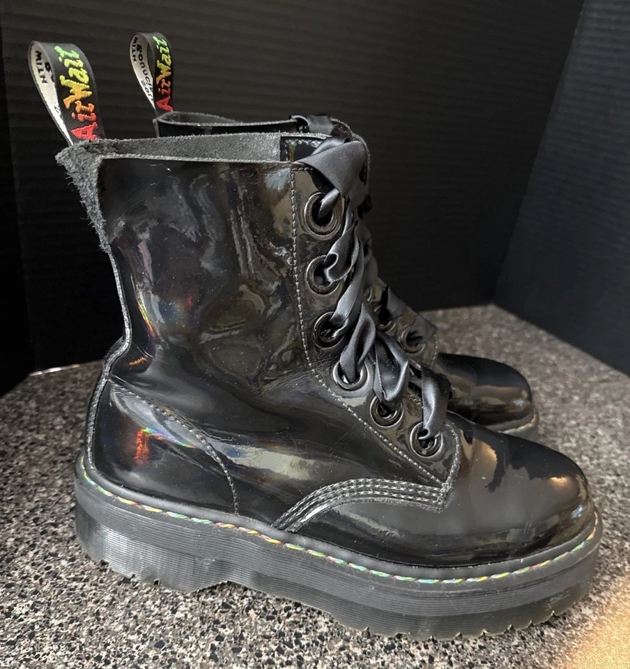 Dr. Doc Martens Molly 43 Black Rainbow Patent Leather Lace Up Boots 8W/11M ** - Image 2 of 4