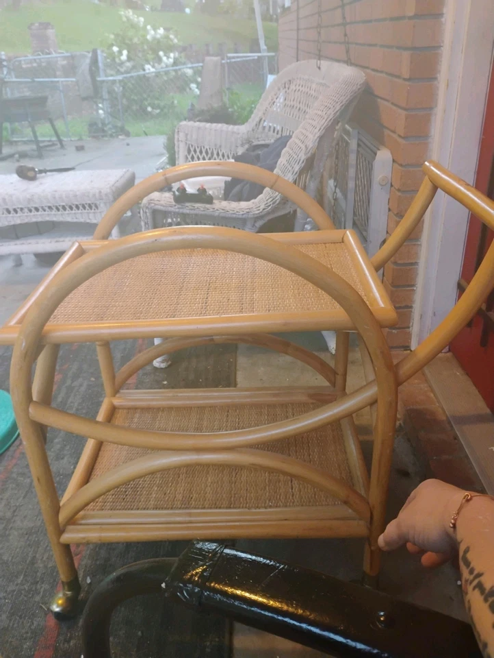Mid century modern Bohemian rattan & bamboo serving bar Teacart Wheels. Vintage  - Image 2 of 4