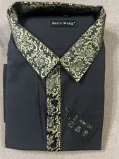 Barry Wang 3XL Men’s Black Long Sleeve Shirt with Gold Filigree Collar and Trim