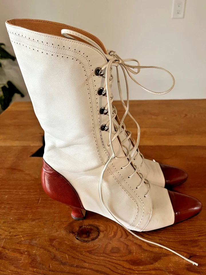Vintage 1980s Norma Kamali Two Toned Leather Lace Up Boots Heels Women Sz 8 EUC - Image 2 of 4