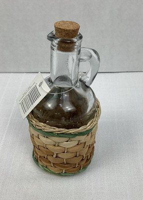 Small Glass Bottle with Wooden Cork in Basket,6'' tall, Basket 2.75'' wide,3'' tall