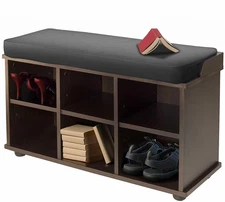 Entryway Wooden Storage Bench Black Cushion Shoe Cubbies Mud Room Bedroom Brown