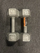 VTG Cast Iron Dumbbell Pair Of 15 lb Silver Hex Set Of 2 Total Weight 30 Pounds