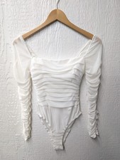 NWT Princess Polly Delaney Ruched Mesh Long Sleeve Bodysuit Cream Size 4