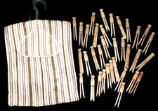 30 Old WOOD CLOTHESPINS & BAG  Wire Wrapped Ticking Fabric Weathered Vintage