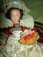 French Petitcollin jointed celluloid dolls mother baby costume dressed c1920