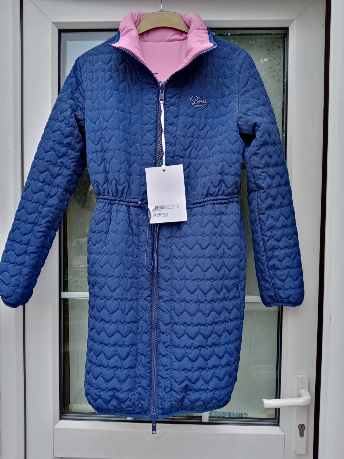 Cappotto trapuntato LOVE MOSCHINO reversibile applicato love heart rosa navy taglia 38 uk10