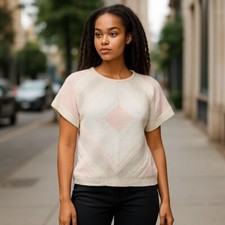 VINTAGE Beldoch Popper Sz M Lightweight Sweater Top Pink Cream Cottagecore Boho