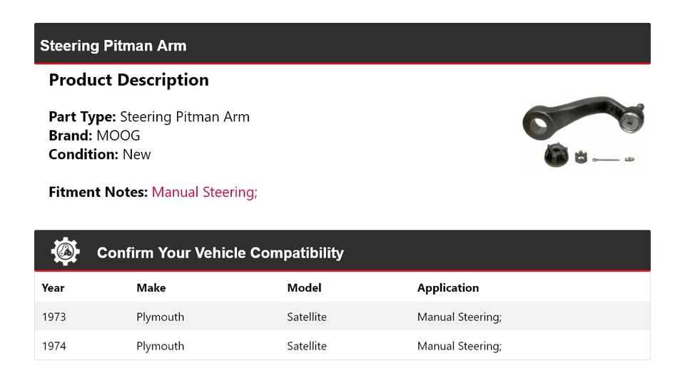 Brazo Pitman de dirección satelital Plymouth 1973-1974 MOOG Foto 2 de 4