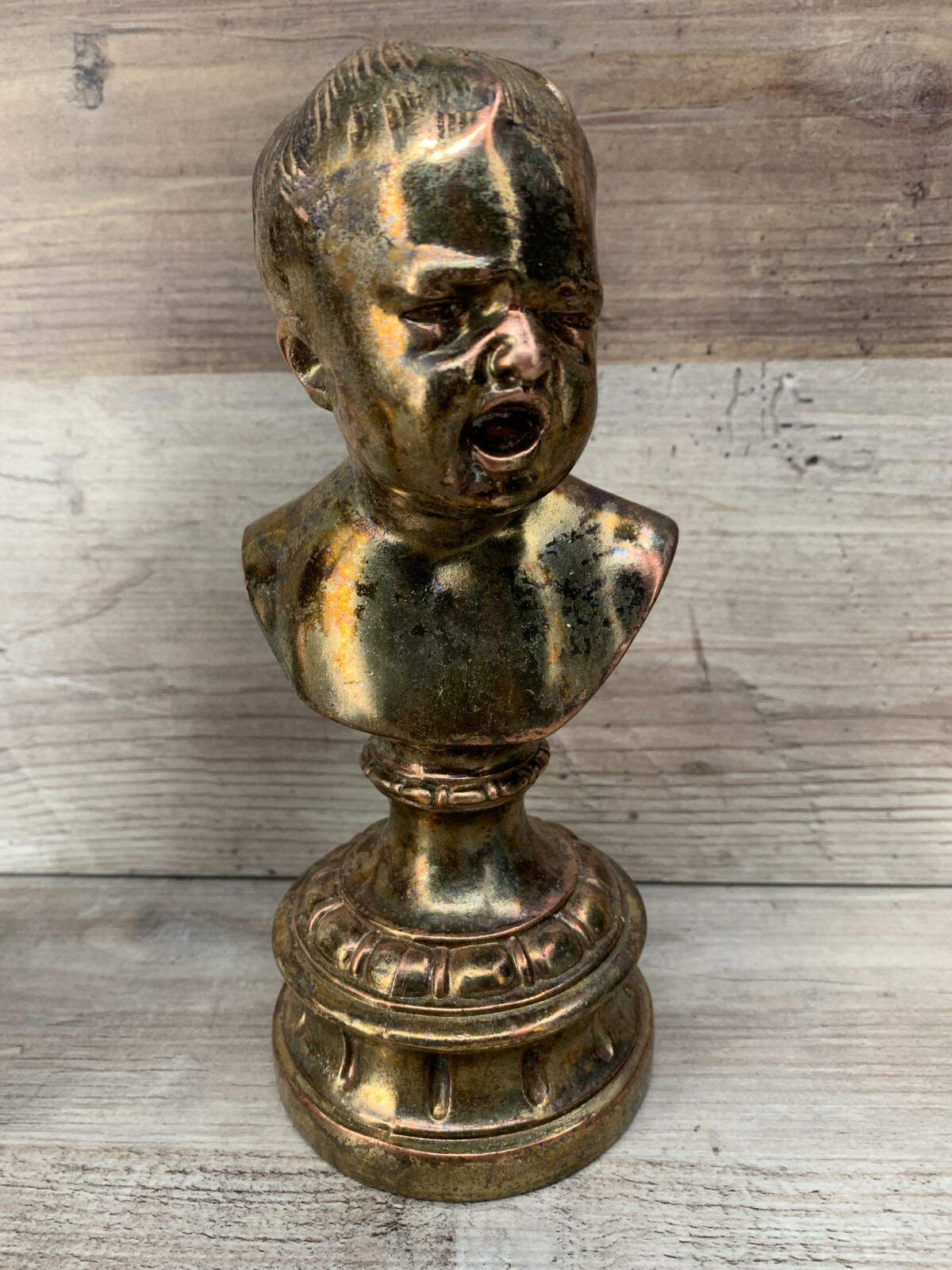 2 VINTAGE BUST BRASS STATUES BOOKEND HAPPY SAD CHILDREN OFFICE DECOR