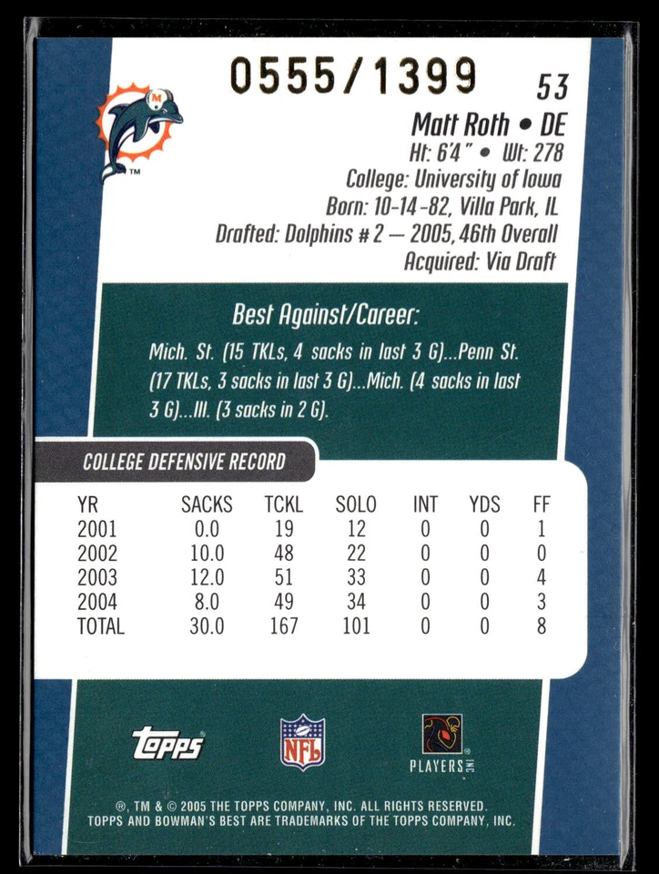 2005 Bowman's Best Matt Roth 53 Miami Dolphins - Image 2 of 2