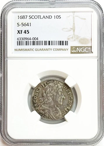 1687 SILVER SCOTLAND 10 SHILLINGS KING JAMES VII EDINBURGH COIN NGC XF 45 S-5641