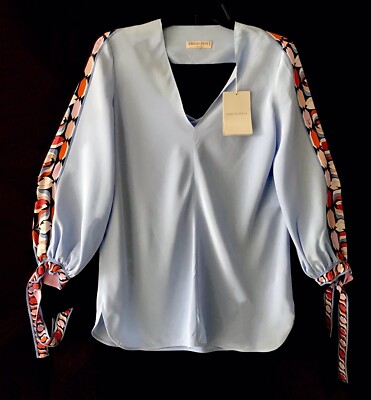 EMILIO PUCCI BLUE SLIK LOOSE FIT BLOUSE LONG TIE SLEEVE SZ 38
