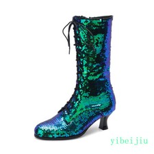 Women's Kitten Heel Calf Sequins Boots Glitter Shoes Performance Stage Stylish