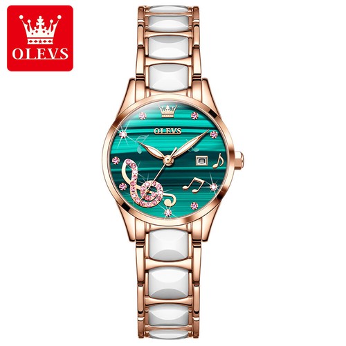 Damen Armbanduhr Keramik Stahlband Wasserdicht Leuchtender Kalender Quarzuhr - Bild 13 von 15