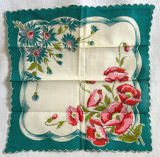Vintage Cotton Floral Handkerchief Poppies Daisies 11.5" x 11.5" Scalloped