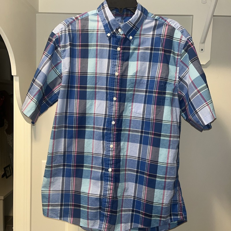 Jos A Bank Shirt Mens Short Sleeve Button Down Plaid Blue Pink Casual Stays Cool