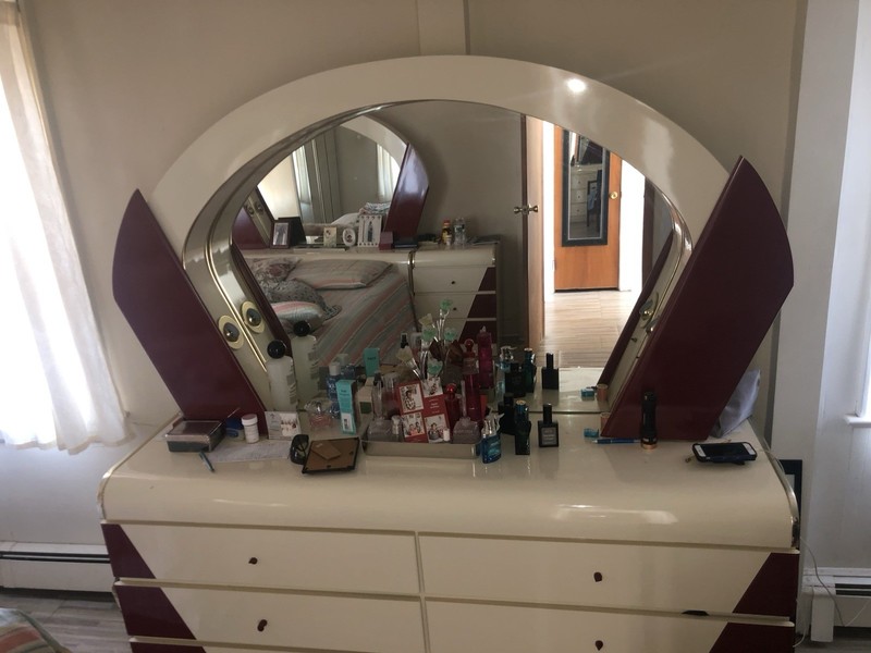 White & Purple Freestanding Vanity Table with Oval Mirror, 6 Drawers Bedroom