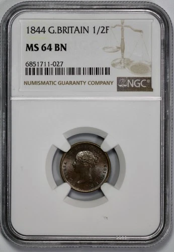 1844 Great Britain 1/2F Half Farthing NGC MS 64 BN