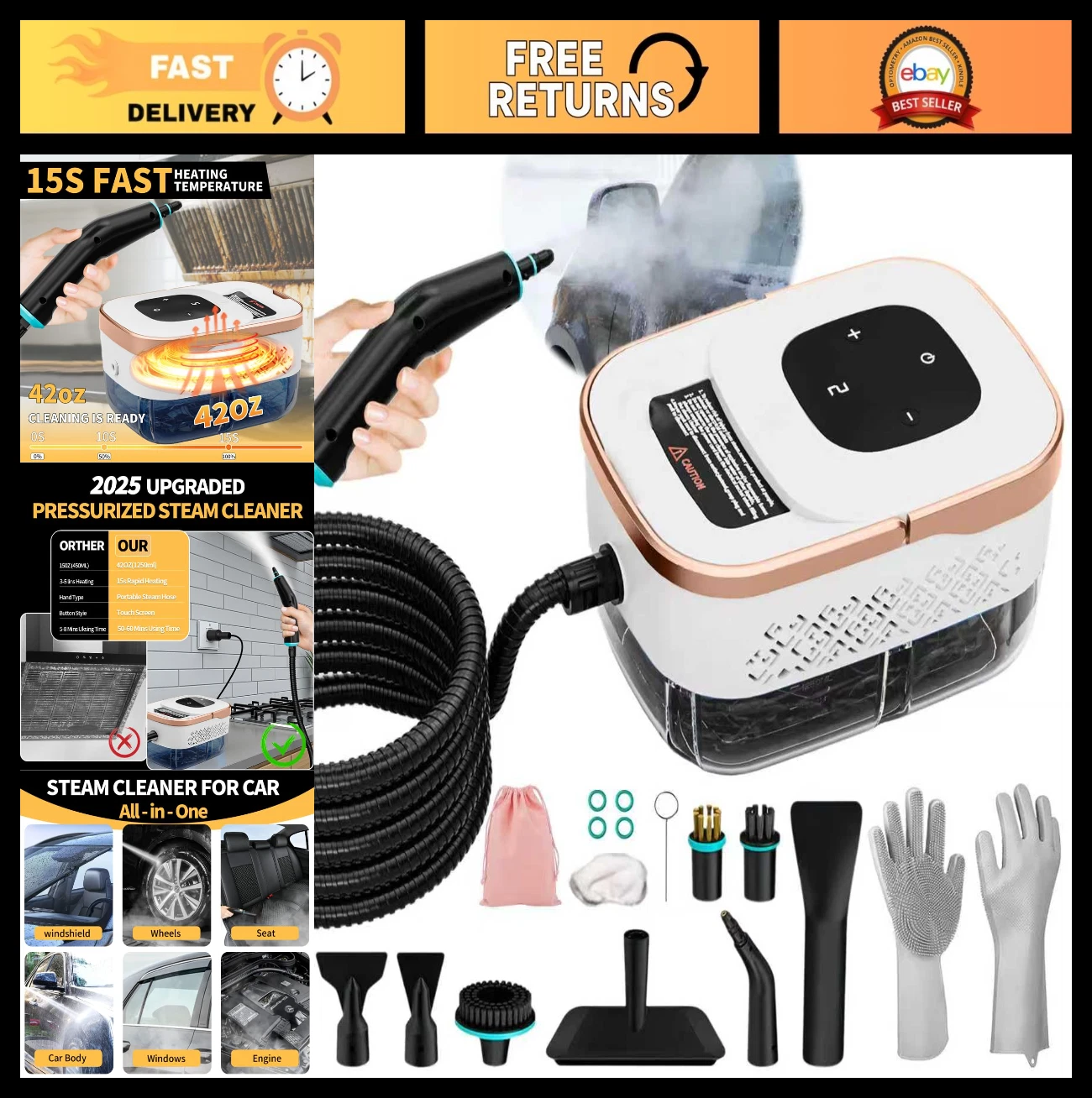 High-Temperature Steam Cleaner, 6 Levels, 42oz Tank, 11 Accessories, 1500W for H