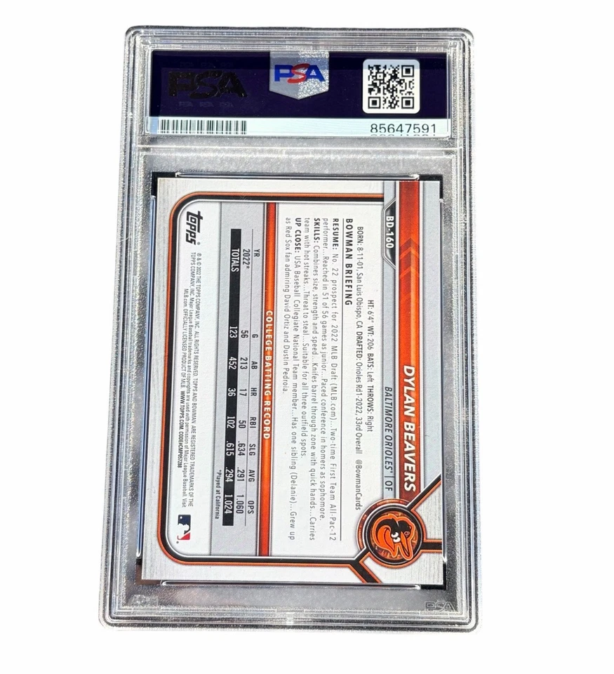 Dylan Beavers Signed 1st Bowman Paper Auto Baltimore Orioles BD-160 PSA/DNA - Image 2 of 2