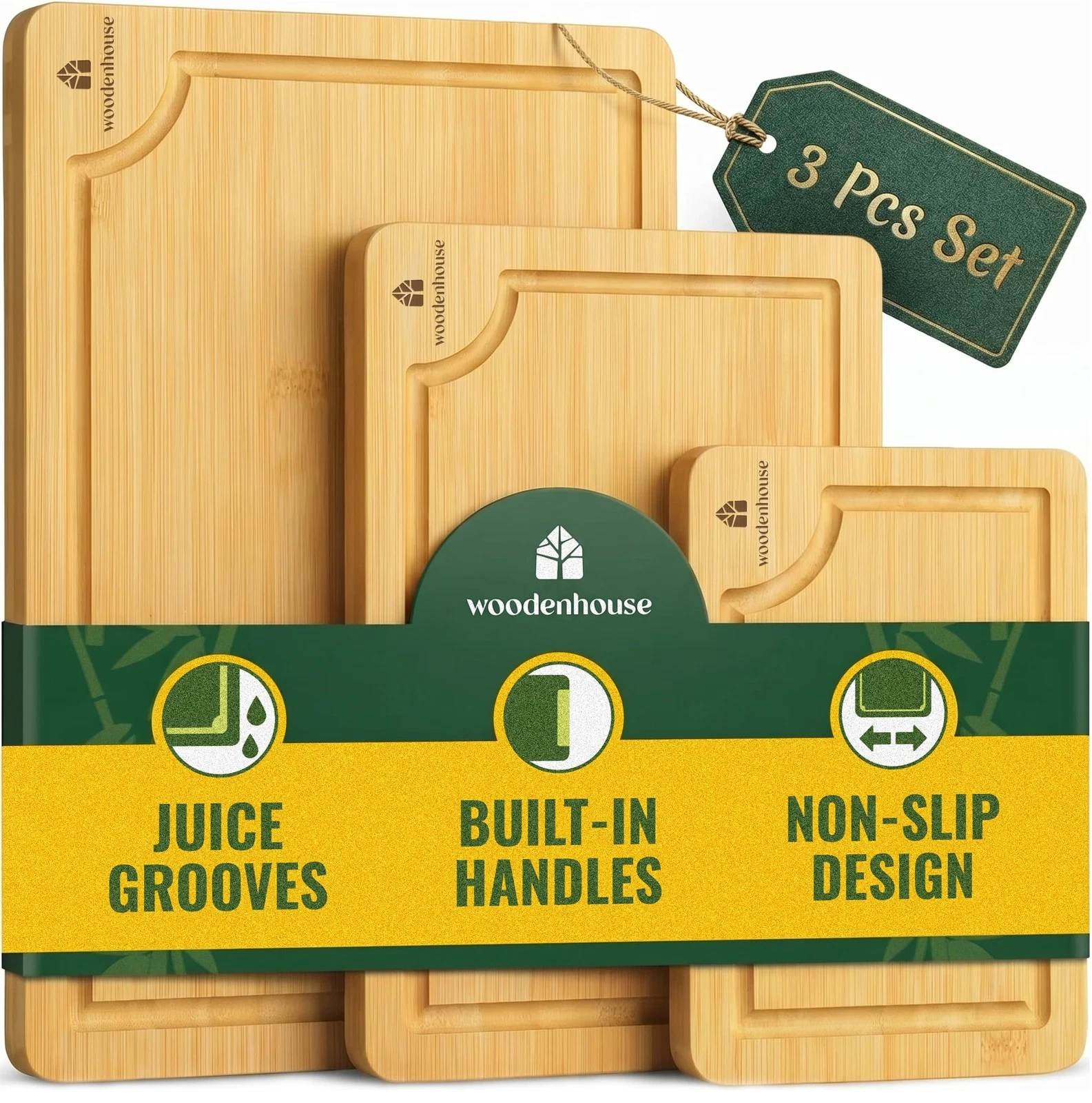 Set of 3 Cutting Boards for Kitchen - Thick & Durable Wood Cutting Boards Set...