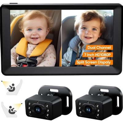 Baby Car Camera for 2 Kids - 7 Inch HD1080P Split Screen Baby Monitor with Du...