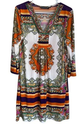 The Pyramid Collection Shift Dress Sz M 3/4 Sleeve Orange Multi Boho Y2K