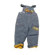 Vintage Kids Overall Pants Boys 18-24 Months Blue Lined Construction Trucks Snap