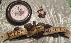Lot Of 3 Grapes Clock Live Well Live Much Laugh Often Sign & Ornament