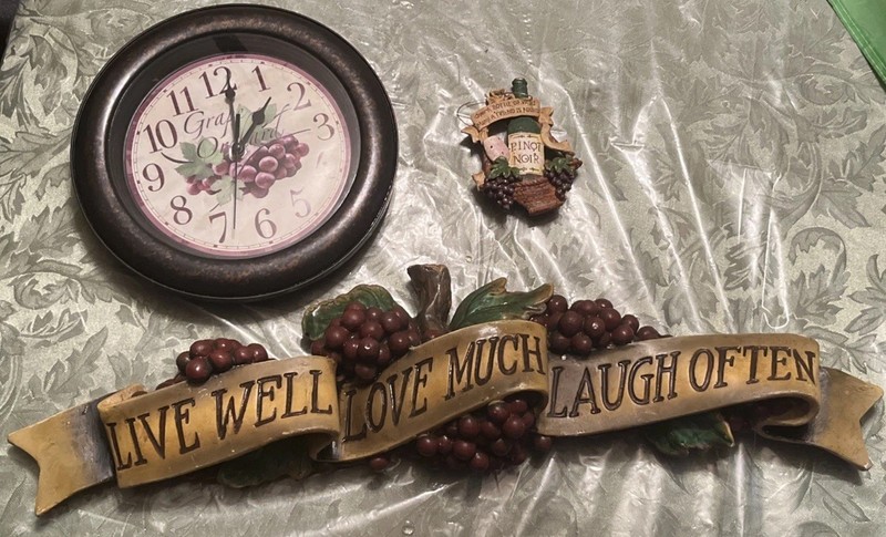 Lot Of 3 Grapes Clock Live Well Live Much Laugh Often Sign & Ornament