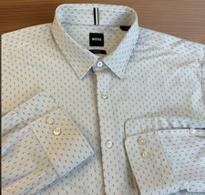 Hugo Boss Shirt Men Sz L Hank Travel Slim Fit Performance Stretch White AOP
