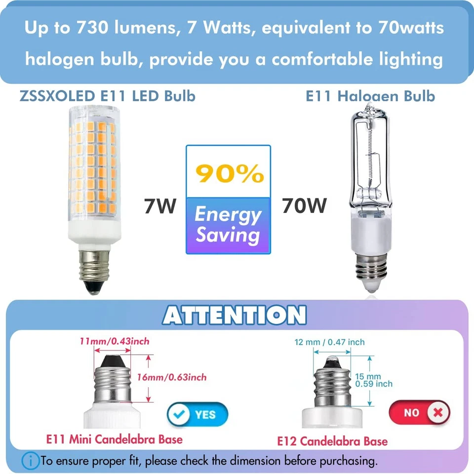 [Pack of 5] E11 LED Light Bulb 7W Dimmable Mini Candelabra Base 75W Halogen E... - Image 4 of 4