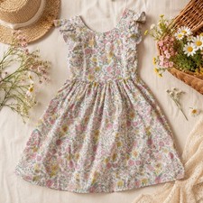 Tahari Kids Girls Floral Flutter Sleeve Dress Gold Foil Lace Trim Pink Yellow 4