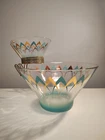 Anchor Hocking Blendo Atomic Turquoise Gold Vtg 1960s Glass Chip & Dip Bowl Set