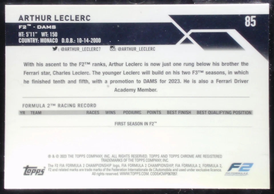 2023 Topps Chrome Formula 1 F1 Arthur Leclerc Gold Wave 37/50 Future Stars #85 - Image 2 of 2